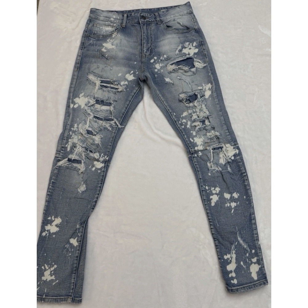Men Sz 32x32 Smoke Rise Designer Paint Splatter distressed, trash, Slim Straight